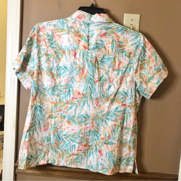Chico’s bamboo Tropical Leaf Print button front shirt blue 3 Large - Picture 2 of 6